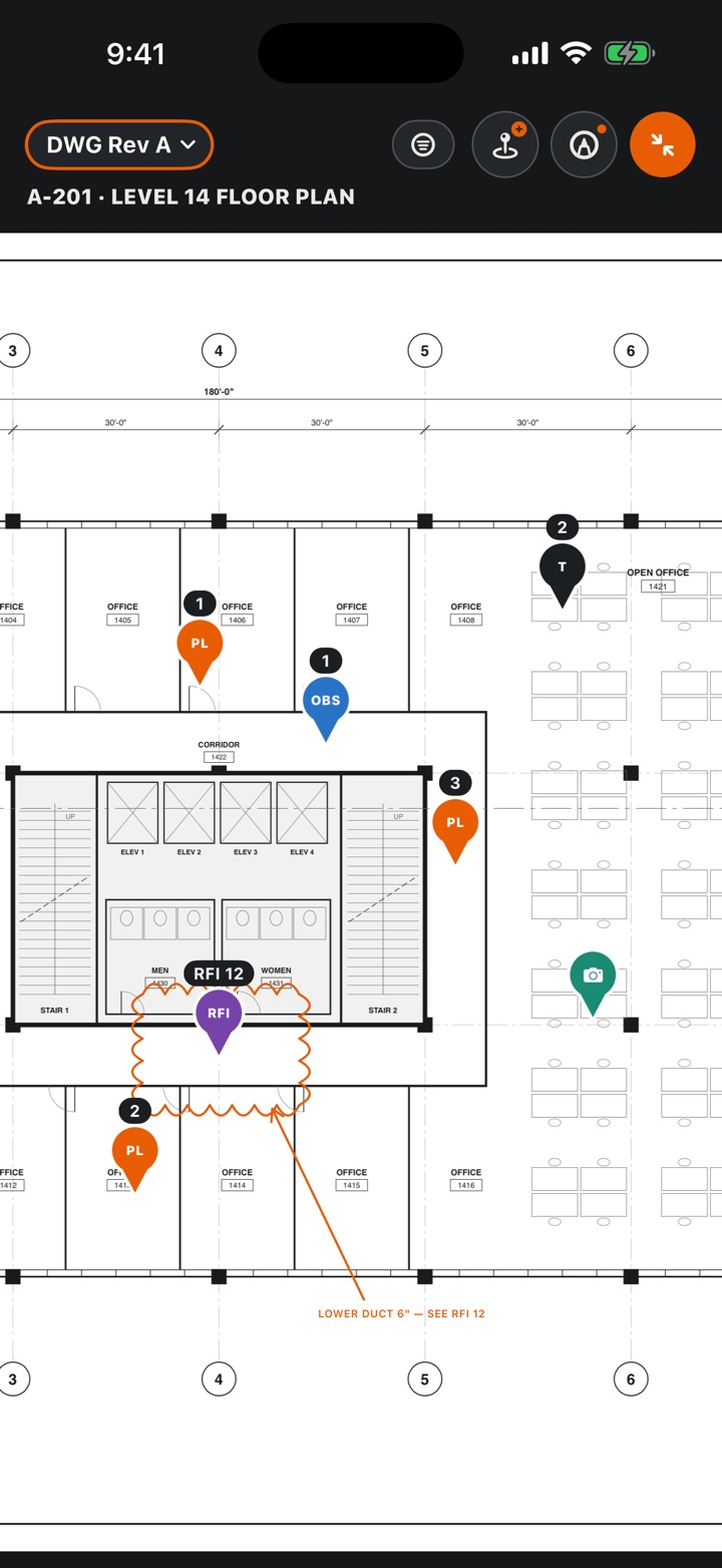 CoordBase on iPhone: sheet A-201, the Level 14 floor plan, with punch, task, RFI, observation and photo pins and a markup cloud