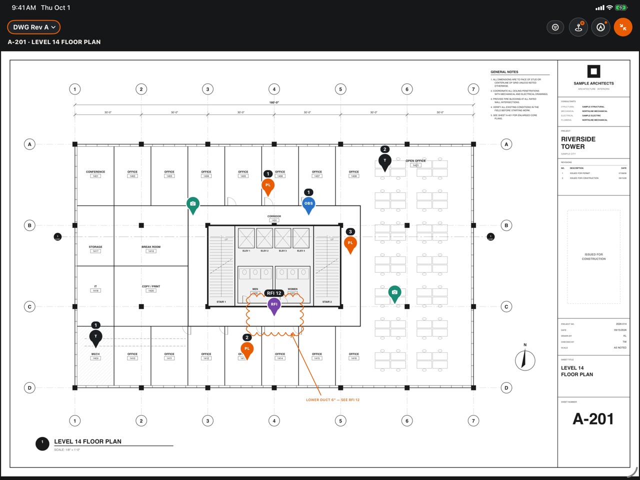 CoordBase on iPad: the whole A-201 floor plan with pins and markup, and the sheet number in the title block