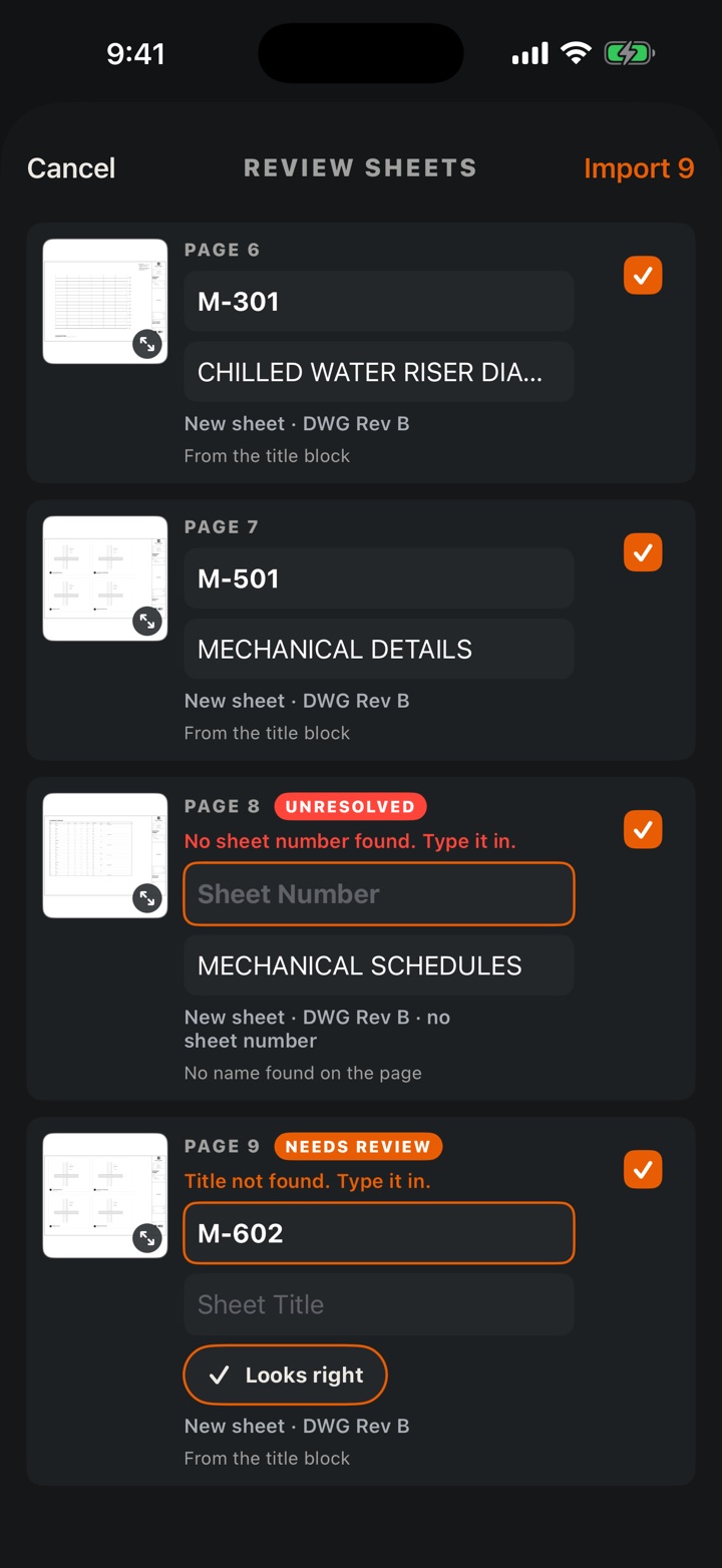 Reviewing an imported drawing set: sheet numbers and titles read automatically, with two pages flagged to check