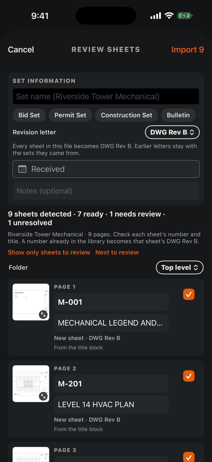 Import summary: 9 sheets detected, 7 ready, 1 needs review and 1 unresolved