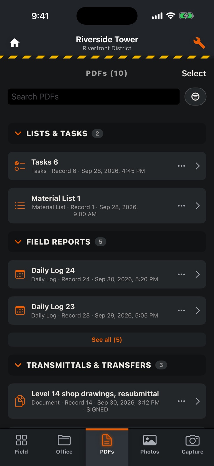 A project’s PDFs list with numbered records: Tasks 6, Material List 1 and Daily Logs 24 and 23