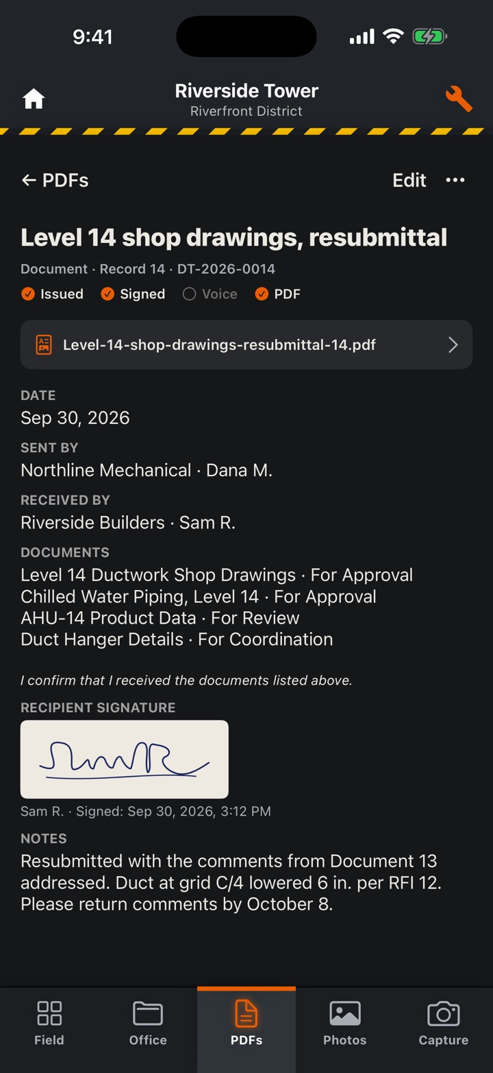 Document 14 on iPhone: issued and signed, with its PDF ready