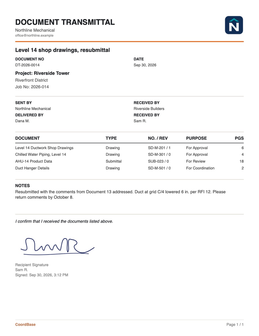 The PDF CoordBase made for Document 14: a document transmittal with the company name and logo, the list of documents and the recipient’s signature