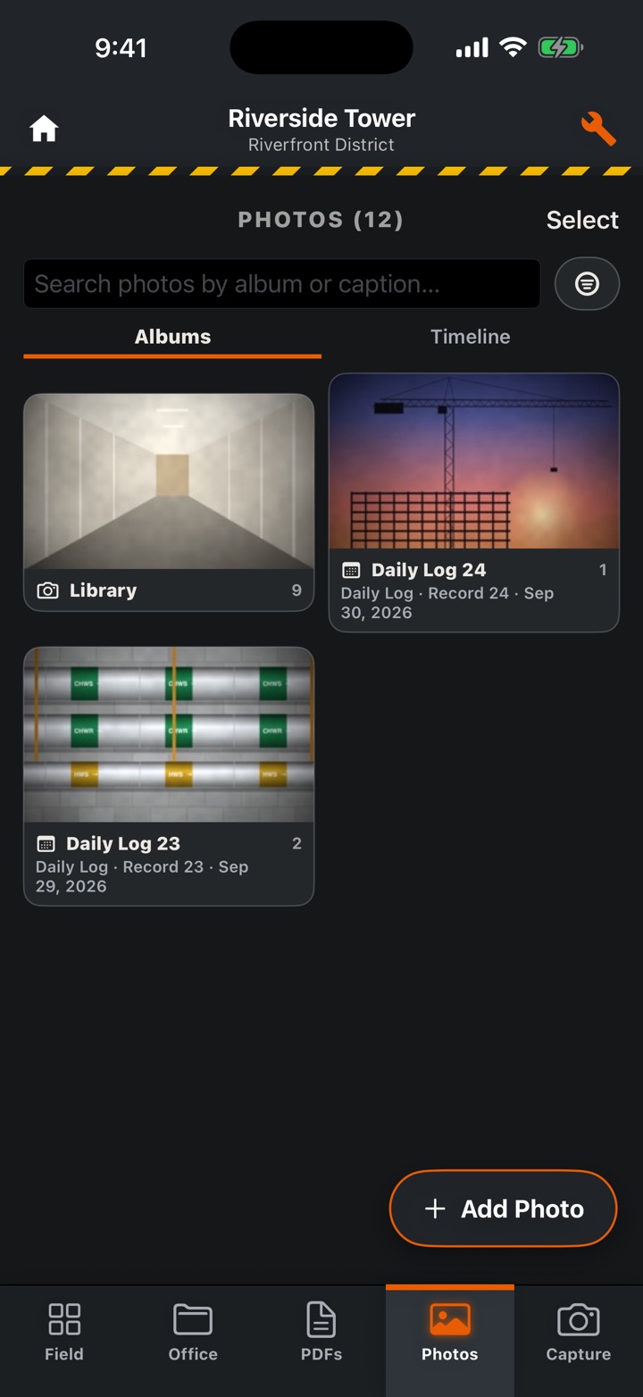 Project photos sorted into albums, including the photos from Daily Logs 23 and 24