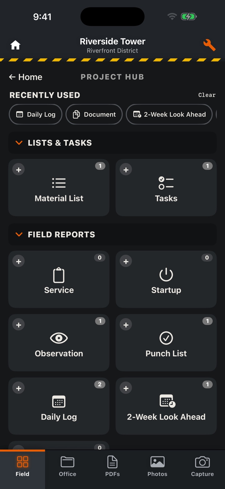 The Riverside Tower project hub on iPhone with no signal, still open and ready to use